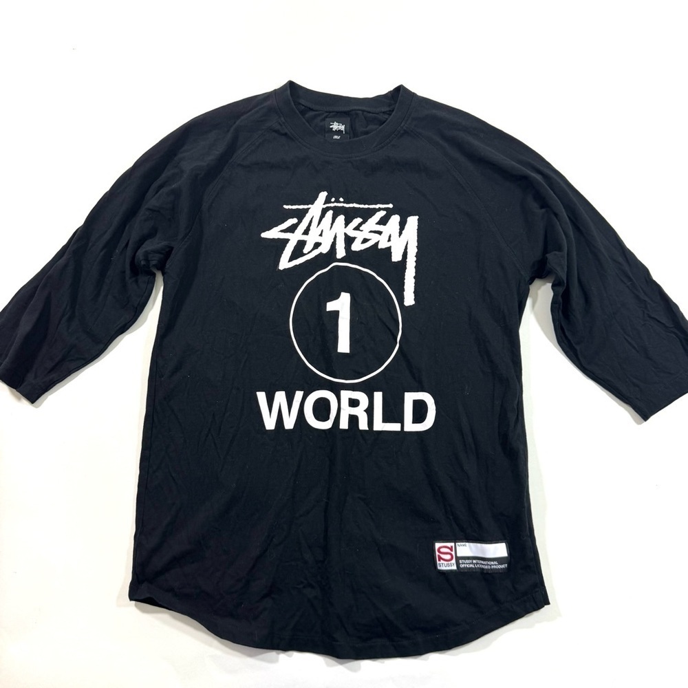 Stussy One World Baseball Raglan Shirt Black Size Large 3/4 Sleeve